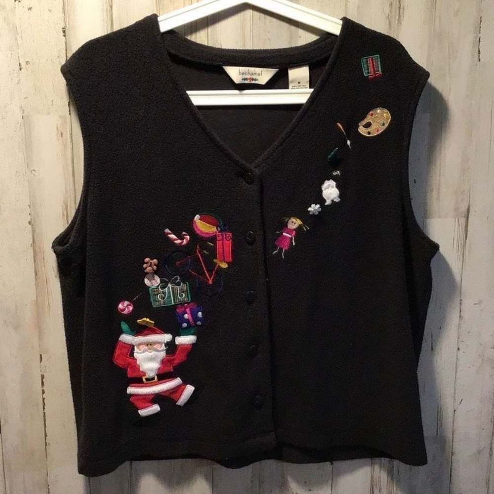 Bechamel Vintage Women’s Size L Christmas Black Fleece Vest Ugly Sweater Santa - Picture 10 of 11